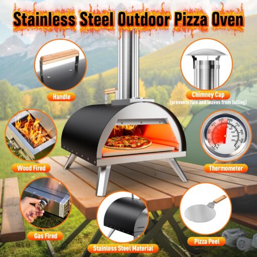 Multi-Fuel Pizza Oven Outdoor, 12" Portable Wood and Gas Fired Pizza Oven with Thermometer,Gas Hose & Pizza Stone,Heats up to 1000°F,Stainless Steel Pizza Oven for Backyard or Camping (Black) - Image 7