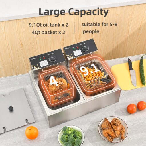 Electric Deep Fryer 17.2L/18.2QT Stainless Steel Dual Tank Commercial Fryer with Basket, 3400W 110V Countertop Deep Fryer for Home Kitchen and Restaurant Use with Oil Thermometer & Temperature Control - Image 6