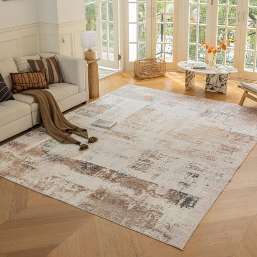 OMERAI Rug 8x10 Area Rug for Bedroom, Washable Morden Art Rug for Living Room Kitchen Dining Room, Non-Slip Faux Wool Home Decor Carpet - Brown & Gold