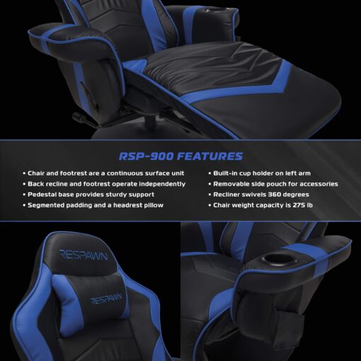 RESPAWN 900 Gaming Recliner - Video Games Console Recliner Chair, Computer Recliner, Adjustable Leg Rest and Recline, Recliner with Cupholder, Reclining Gaming Chair with Footrest - Blue - Image 3
