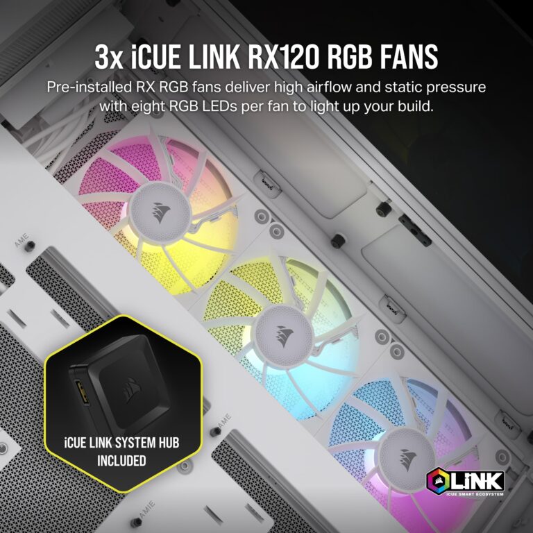 CORSAIR iCUE LINK 6500X RGB Mid-Tower ATX Dual Chamber PC Case – Panoramic Tempered Glass - Reverse Connection Motherboard Compatible -– 3x CORSAIR RX120 RGB Fans Included – White - Image 7