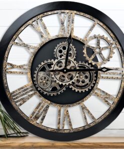 The B-Style Large 24 inch Moving Gear Wall Clock Oversized Vintage Farmhouse Wall Clocks for Living Room Decor Rustic Industrial Wood Clock (Black and Bronze)