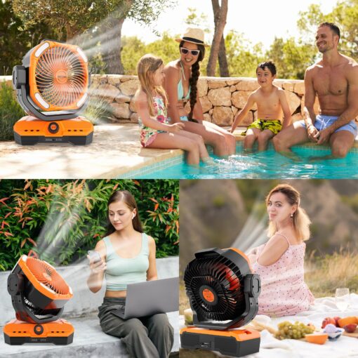 WESTTREE Battery Operated Large Airflow Fan,45000mAh Rechargeable Camping Cordless Fan with 360°Auto Oscillation & Timer, Queit Battery Powered Tent Fans Portable with RGBW Lights for Home X66 Orange - Image 2