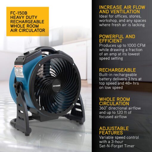 XPOWER FC-150B Portable High Velocity AC/DC Dual Power Operated Portable Rechargeable Battery 18,200mAh Utility Fan, Extended Air Flow, 1000 CFM - Image 7