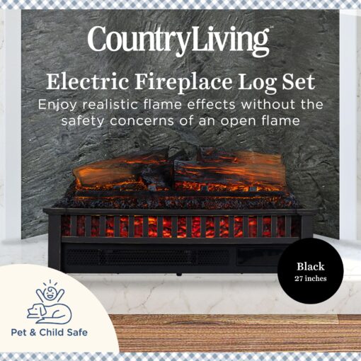 Country Living Electric Fireplace Logs, 27” LED Electric Fireplace Inserts with Infrared Heater, Electric Heater Heats up to 1000 Sq. Ft., Remote Controlled Infrared Heaters for Indoor Use, Black - Image 9
