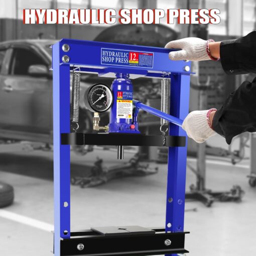 12 Ton Hydraulic Shop Press, H-Frame Garage Floor Adjustable Shop Press with Stamping Plates & Pressure Gauge to Bend, Straighten, Or Press Parts, Install Bearings and U-Joints - Image 2