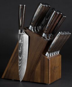 SENKEN 16-Piece Acacia Wood Knife Block Set with Laser Damascus Pattern - Includes Steak Knives, Kitchen Shears, Chef's Knife, Santoku, Cleaver & More