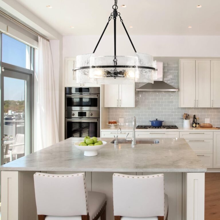 Modern Dining Room Chandelier 22” Black Textured Glass Chandelier Luxury Drum Crystal Light Fixture Farmhouse Round Hanging Lighting for Dining Room Kitchen Island Living Room Hallway Bedroom - Image 3