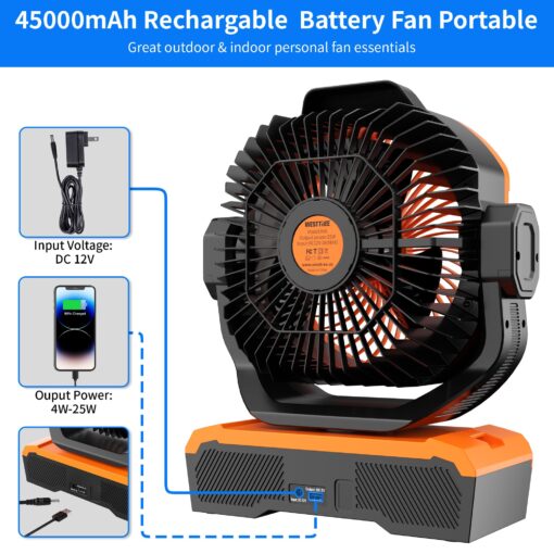 WESTTREE Battery Operated Large Airflow Fan,45000mAh Rechargeable Camping Cordless Fan with 360°Auto Oscillation & Timer, Queit Battery Powered Tent Fans Portable with RGBW Lights for Home X66 Orange - Image 3