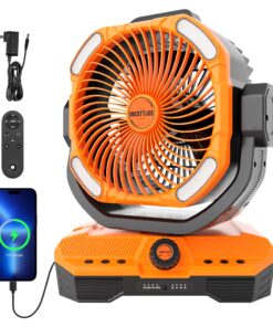 WESTTREE Battery Operated Large Airflow Fan,45000mAh Rechargeable Camping Cordless Fan with 360°Auto Oscillation & Timer, Queit Battery Powered Tent Fans Portable with RGBW Lights for Home X66 Orange