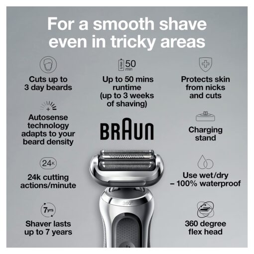 Braun Series 7 7032cs Flex Electric Razor for Men, Wet & Dry, Electric Razor, Rechargeable, Cordless Foil Shaver with Beard Trimmer and Charging Stand, Silver - Image 8