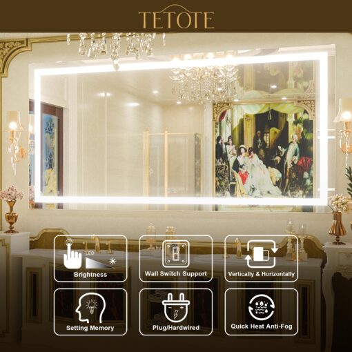 TETOTE 55 x 30 LED Bathroom Mirror with Lights, LED Mirror for Bathroom Vanity Dimmable Anti Fog Wall Mounted, Horizontal/Vertical, Tempered Glass - Image 2