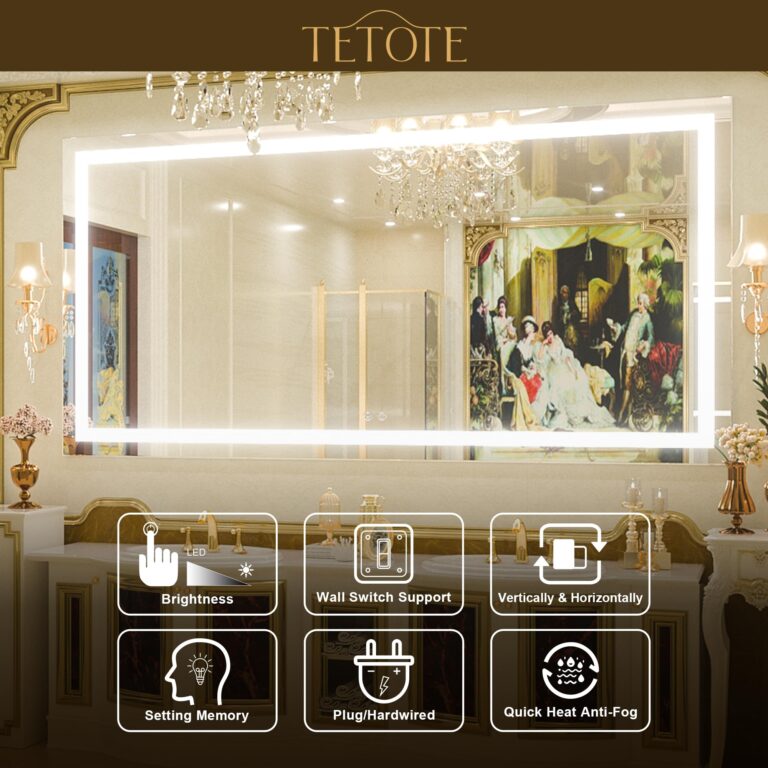 TETOTE 55 x 30 LED Bathroom Mirror with Lights, LED Mirror for Bathroom Vanity Dimmable Anti Fog Wall Mounted, Horizontal/Vertical, Tempered Glass - Image 2