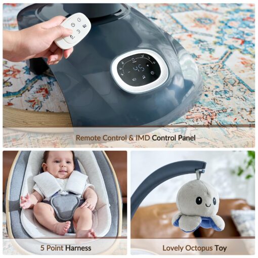 VaVaSoo Electric Baby Swing Newborn for Infants with 5 Speeds, Multi Motion 3D Baby Rocker for Girl Boy Swingset Indoor with 13 Melodies & Wireless Music, Remote Control, Dark Gray - Image 4
