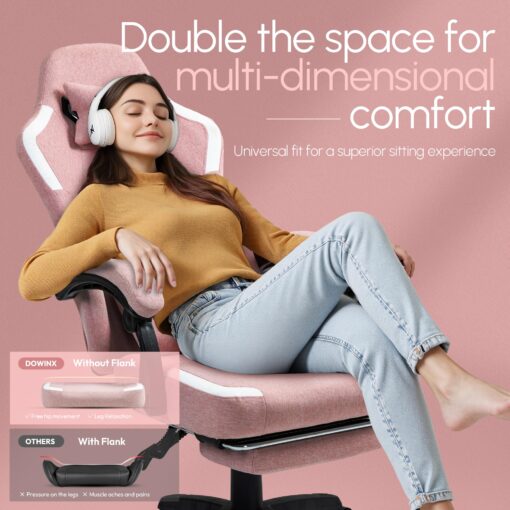 Dowinx Fabric Gaming Chair with Pocket Spring Cushion,Breathable Computer Chair with Massage Lumbar Support and Footrest,High Back Game Office Chair for Adult,Pink - Image 7
