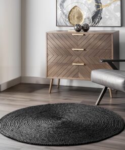 GRUHUM Black Jute Area Rug 10ft Natural Fiber Round Handwoven Boho Farmhouse Rustic Vintage Soft Braided Reversible EcoFriendly Rugs for Indoor Kitchen Bedroom Living Room Hallways (10' ft Round)