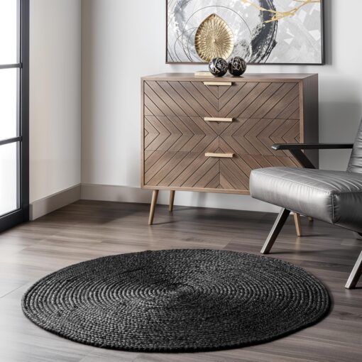 GRUHUM Black Jute Area Rug 10ft Natural Fiber Round Handwoven Boho Farmhouse Rustic Vintage Soft Braided Reversible EcoFriendly Rugs for Indoor Kitchen Bedroom Living Room Hallways (10' ft Round)