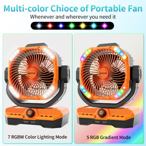 WESTTREE Battery Powered Fan Powerful Airflow Battery Operated Air Circulator Fan for Bedroom,Quiet & 360°Auto Oscillating Rechargeable Camping Fans with LED Light (RGBW) X66 Orange - Image 5