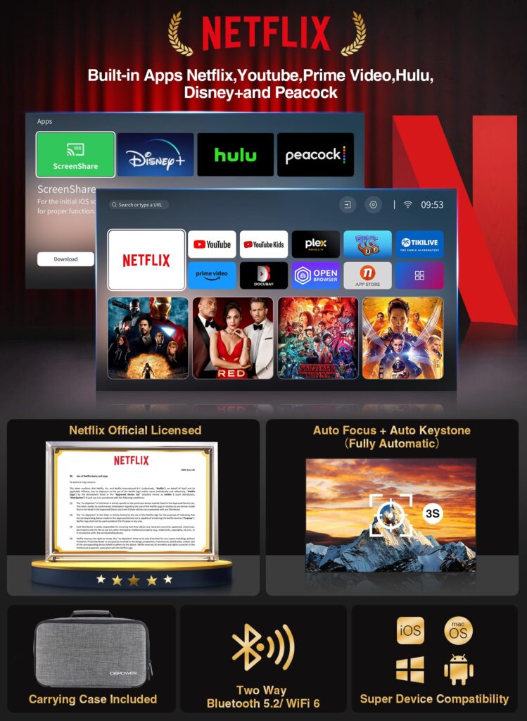 [Netflix Officially/AI Auto Focus] Smart Projector with WiFi and Bluetooth,Dolby Audio,DBPOWER Native 1080p Projector with Apps Built-in Netflix/Hulu/Disney+/Peacock, 600ANSI Movie Projector - Image 9