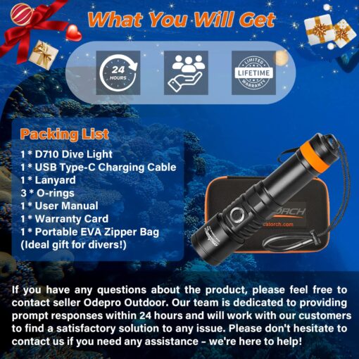ORCATORCH D710 Scuba Diving Light, 3000 Lumens Super Bright Underwater Flashlight with 6 Degrees Narrow Beam, IP68 Waterproof Night Dive Torch 150 Meters Submersible Light (Black) - Image 3