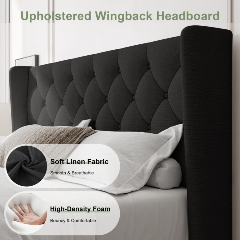 Feonase Full Size Bed Frame with Upholstered Wingback Headboard,Button Tufted Platform Bed and Heavy Duty Wooden Slats Support,Easy Assembly, Noise-Free,No Box Spring Needed, Black - Image 6