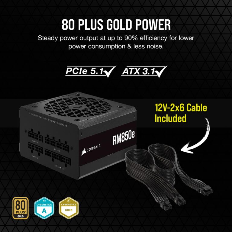 Corsair RM850e (2023) Fully Modular Low-Noise Power Supply - ATX 3.0 & PCIe 5.0 Compliant - 105°C-Rated Capacitors - 80 Plus Gold Efficiency - Modern Standby Support - Black - Image 7