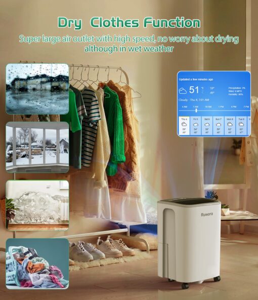 Dehumidifier 2500 Sq.Ft 30 Pint, Dehumidifiers with Drain Hose, 0.66 Gallon Water Tank, RUWORA Dehumidifiers for Home Basement Bedroom Bathroom, Overflow Protection, 24H Timer - Image 6