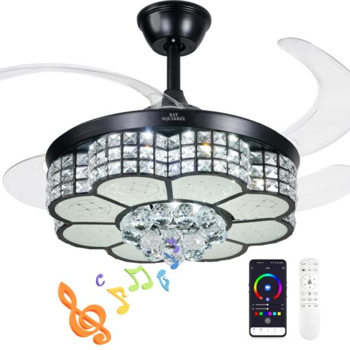 BAYSQUIRREL Retractable Crystal Ceiling Fan with Light, Bluetooth Ceiling Fans with Speaker and Remote/APP Control, 6 Speeds Reversible Blades, RGB-LED Dimmable Chandelier Ceiling Fan - Image 8