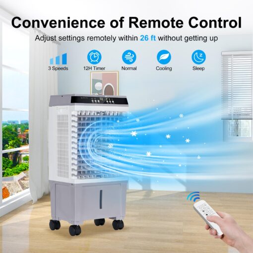 Uthfy Swamp Cooler Air Conditioner, Evaporative Air Cooler with 5.3 Gallon Water Tank, 4 Ice Box, Remote, 12H Timer, 120°Oscillation, Portable Cooling Fan with 3 Speeds for Bedroom Home Office - Image 2