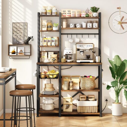 Baker Rack with Power Outlet - Microwave Stand with Storage, Large Coffee Bar Station with 14 Hooks, Metal Kitchen Shelf Rack for Spices, Pots (Rustic Brown) - Image 5