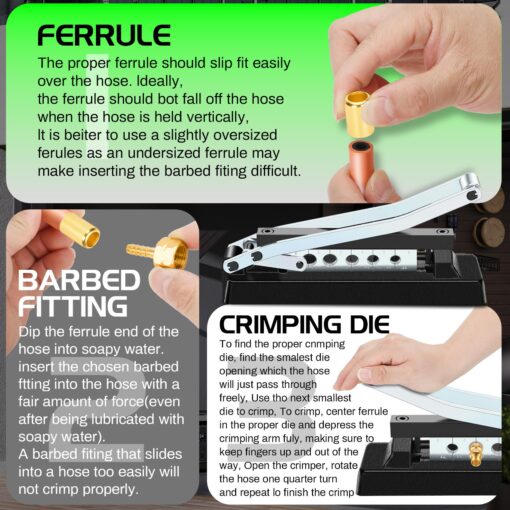 Heavy Duty Standard Hose Crimper, Hose Crimping Tool, with Ferrules (50PK) 0.593 Inch ID x 1 Inch & 0.656 Inch ID x 1 Inch for 1/4, 5/16, 3/8 Inch PVC and rubber hoses, Air Hose Crimping Tool - Image 6