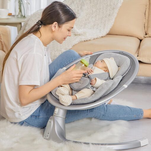 BabyBond Baby Swings for Infants, Bluetooth Infant Swing with 10 Preset Songs, 5 Point Harness Belt, 5 Speeds and Remote Control - Portable Baby Swing for Indoor and Outdoor, Aluminum - Image 2