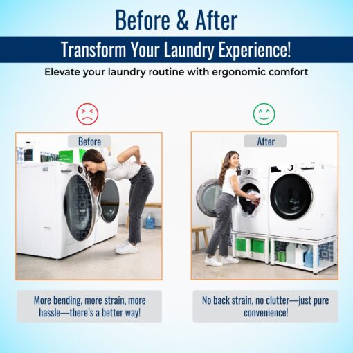 EZ Laundry - Laundry Pedestal for Washer/Dryer, 27" Anti-Vibration Steel Stand with Adjustable Feet Elevates 16", Includes Drain Pan & Hose (White) - Image 9