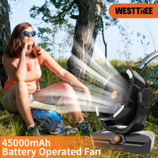 WESTTREE Battery Operated Large Airflow Fan,45000mAh Rechargeable Camping Cordless Fan with 360°Auto Oscillation & Timer, Queit Battery Powered Tent Fans Portable with RGBW Lights for Home X66 Black - Image 7