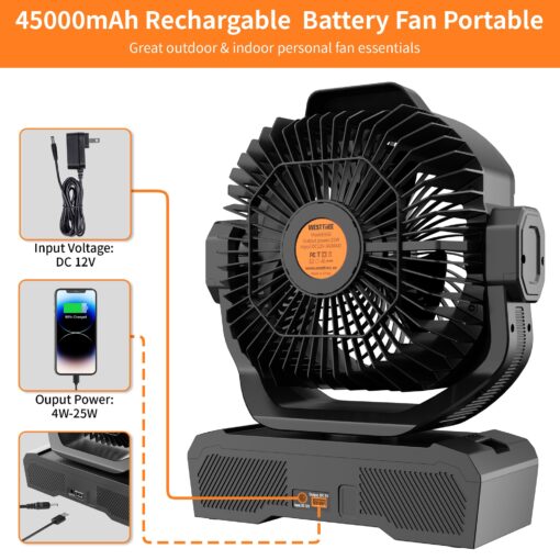 WESTTREE Battery Operated Large Airflow Fan,45000mAh Rechargeable Camping Cordless Fan with 360°Auto Oscillation & Timer, Queit Battery Powered Tent Fans Portable with RGBW Lights for Home X66 Black - Image 3