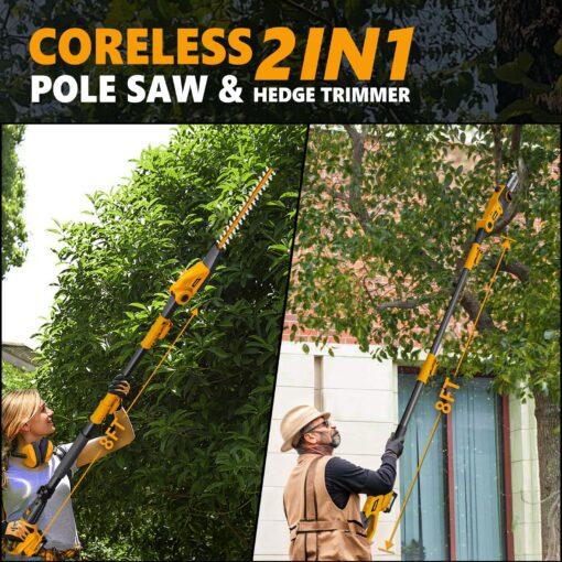 Alloyman Pole Saw 8-Inch Cordless and 16-Inch Pole Hedge Trimmer 2-in-1,with 2 Packs 4.0Ah Batteries & Charger,for Tree Trimming and Shrubs Pruning - Image 2