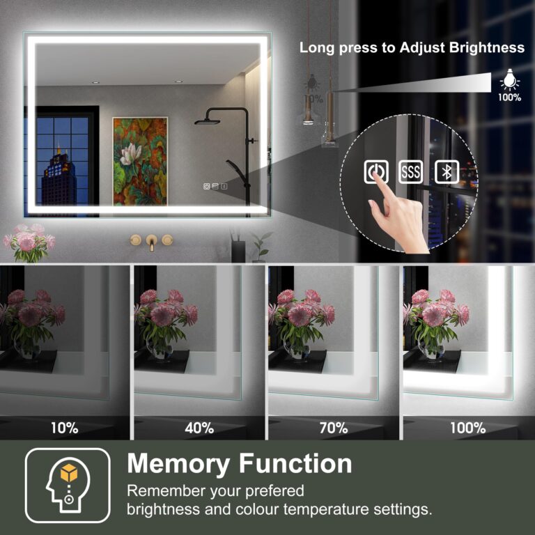 SBAGNO 28x40 LED-Bathroom-Mirror-with-Bluetooth, Dimmable-Lighted-Bathroom-Vanity-Mirror-with-3-Colors，Backlit + Front Lit, Memory Function, Anti-Fog, Tempered Glass, Horizontal/Vertical - Image 5