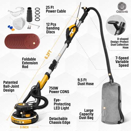 Drywall Sander, 750W Powerful Electric Drywall Sander with Vacuum Attachment, Auto Dust Collection, 7 Variable Speed 900-1800RPM, Dustless Wall Sander with Long Power Cord for Popcorn Ceiling, Drywall - Image 3
