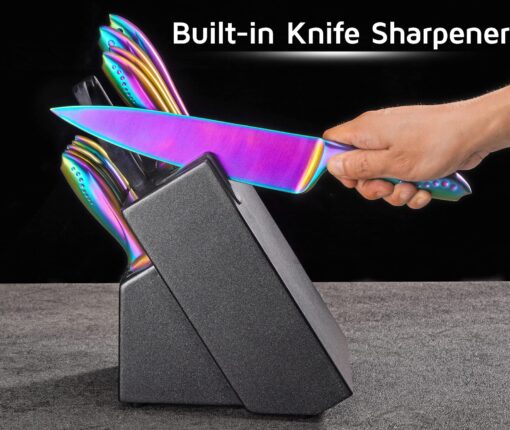 WELLSTAR Rainbow Knife Set 14 Pieces, Iridescent German Stainless Steel Kitchen Knives Set with Wooden Block, Colorful Titanium Coating, Chef’s Knife Block Set with Scissors and Built-in Sharpener - Image 5