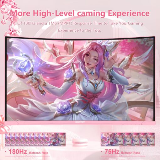 Raywego Pink 27 inch Curved Gaming Monitor 180Hz,FHD 1080P,1800R LED Display,Pink Computer Monitor,1ms (MPRT),FreeSync,Eye-Care Technology, DP, HDMI Port for Gaming Home Office,VESA(75mm*75mm) - Image 4