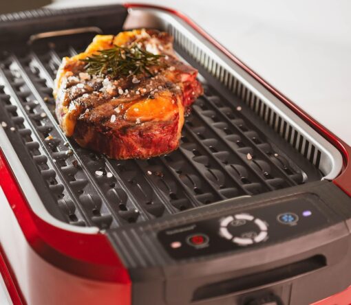 Indoor Smokeless Grill, Techwood 1500W Electric Indoor Grill with Tempered Glass Lid, Portable Non-stick BBQ Korean Grill, Turbo Smoke Extractor Technology, Drip Tray& Double Removable Plate, Red - Image 2