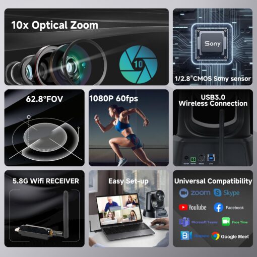TONGVEO Wireless Conference Room Webcam, Church Live Streaming 10X USB 1080P 60fps PTZ Camera for Worship Services Online Conference, Works with Zoom, Skype OBS - Image 9