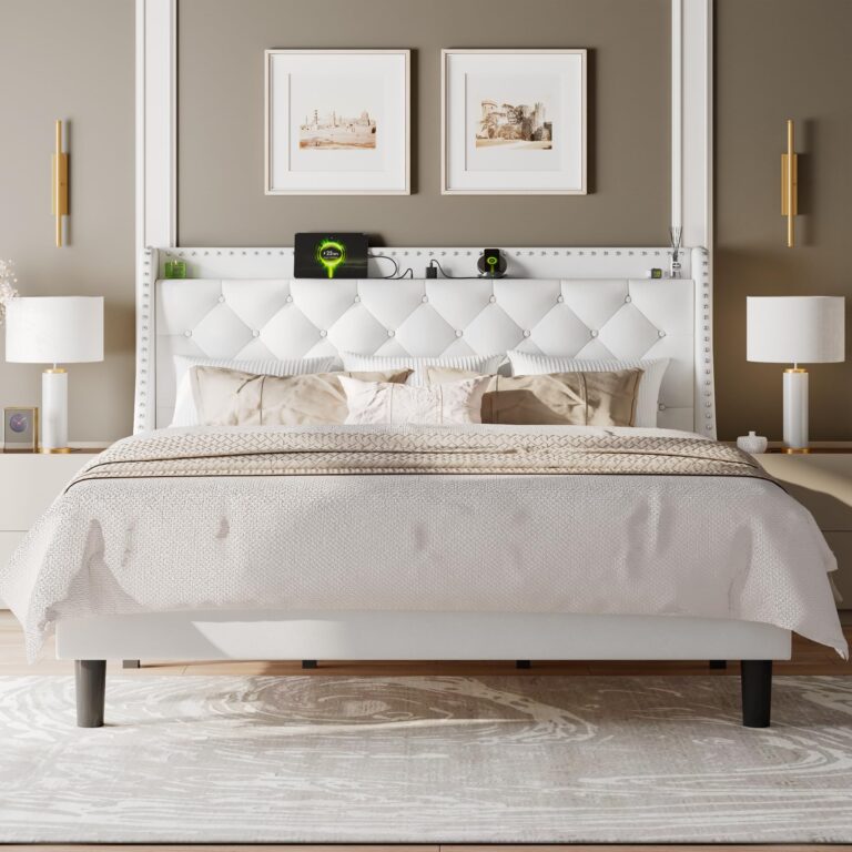 Feonase King Size Bed Frame with Velvet Luxury Wingback Upholstered Button Tufted Storage Headboard, King Platform Bed with Charging Station, Sturdy Wooden Slats Support, Easy Assembly, White - Image 6