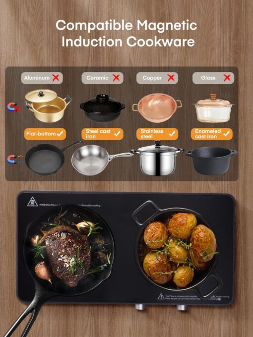 Double Induction Cooktops, Induction Cooktop 2 Burners with Removable Iron Cast Griddle Pan Non-stick, Sensor Touch 8 Power Levels, Independent Temperature Control - Image 5