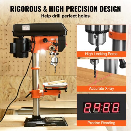 VEVOR 12 in Benchtop Drill Press, 5 Amp 120V, Variable Speed Cast Iron Bench Drill Press, 12 in Swing Distance 0-45° Tiltling Worktable with Laser Work Light, Tabletop Drilling Machine for Wood Metal - Image 11