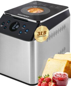 3LB Larger & 20-in-1 Ultra Quiet Bread Maker Machine, 710W Die-Cast Ceramic Pan Bread Machine with Dual Heaters, Stainless steel Breadmaker with Auto Fruit Dispenser & 2 Custom Menus,Extra 2 Paddles