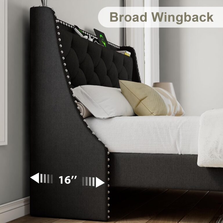 Feonase Queen Bed Frame with Luxury Wingback and Fast Charging Station,Upholstered Button Tufted Storage Headboard Platform Bed,Sturdy Wooden Slats Support,Noise-Free,Easy Assembly,Matte Black - Image 4