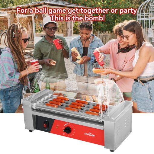 CROSSON 12 Hot Dog 5 Roller Grill Machine with Transparent Sneeze Guard,5 Nonstick 304SS Rollers Commercial Hot Dog Cooker Machine-120V, 750W - Image 5