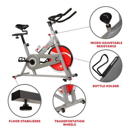 Sunny Health & Fitness Spin Bike Indoor Cycling Exercise Spinning Bike, silver (SF-B1001S) - Image 7