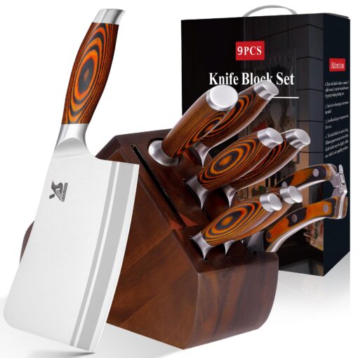 MSY BIGSUNNY 9pcs Knife Block Set, German Steel Kitchen Knife Set with Bone Chopper, Precious Pakkawood Handle for Chef Knife Block Set